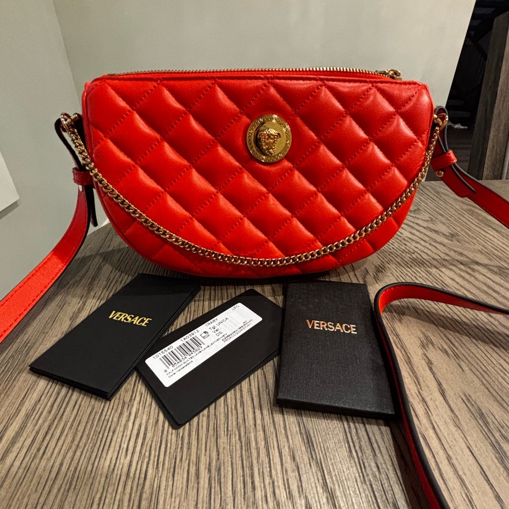 Versace Coral Quilted lamb leather Crossbody Bag with Gold Medallion